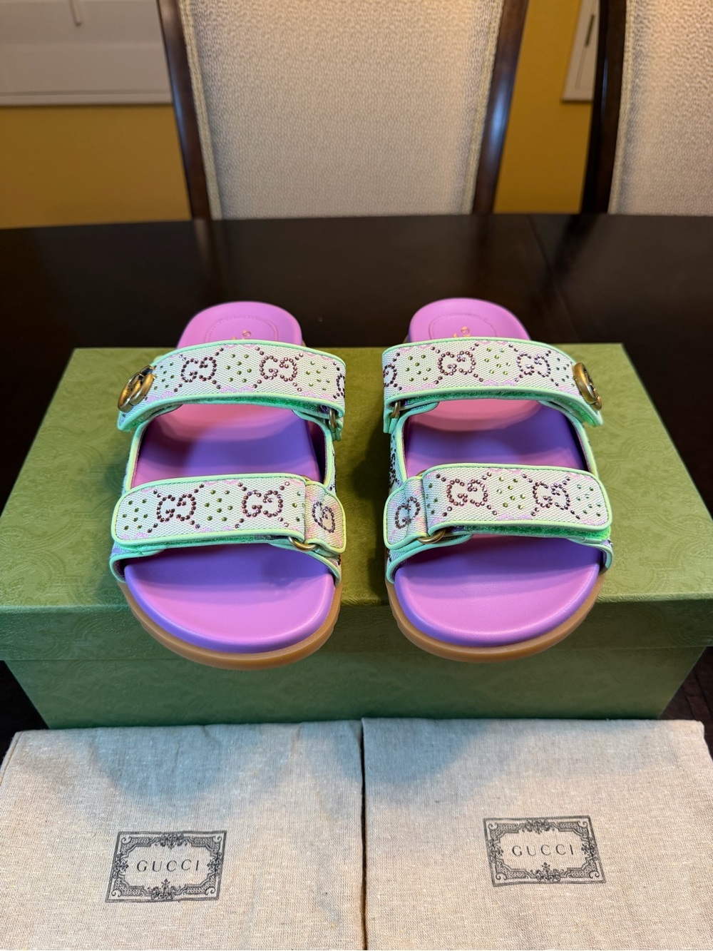 New Authentic Gucci GG Logo Crystals Sandals Slides Pink Green Size 37 / US 7